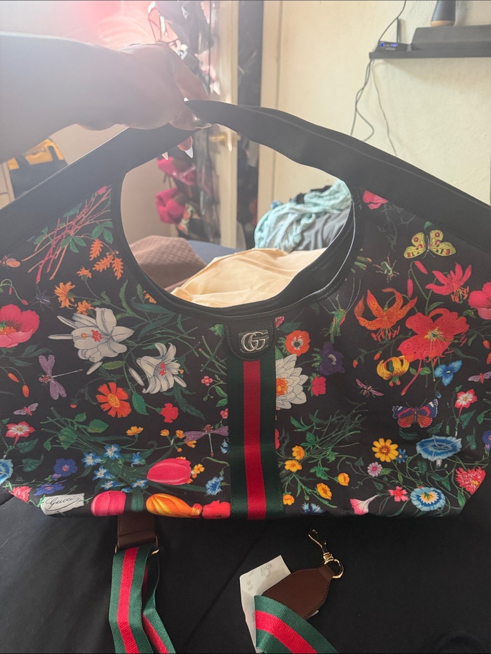 Gucci Black Floral Canvas Tote with Signature Green-Red Web